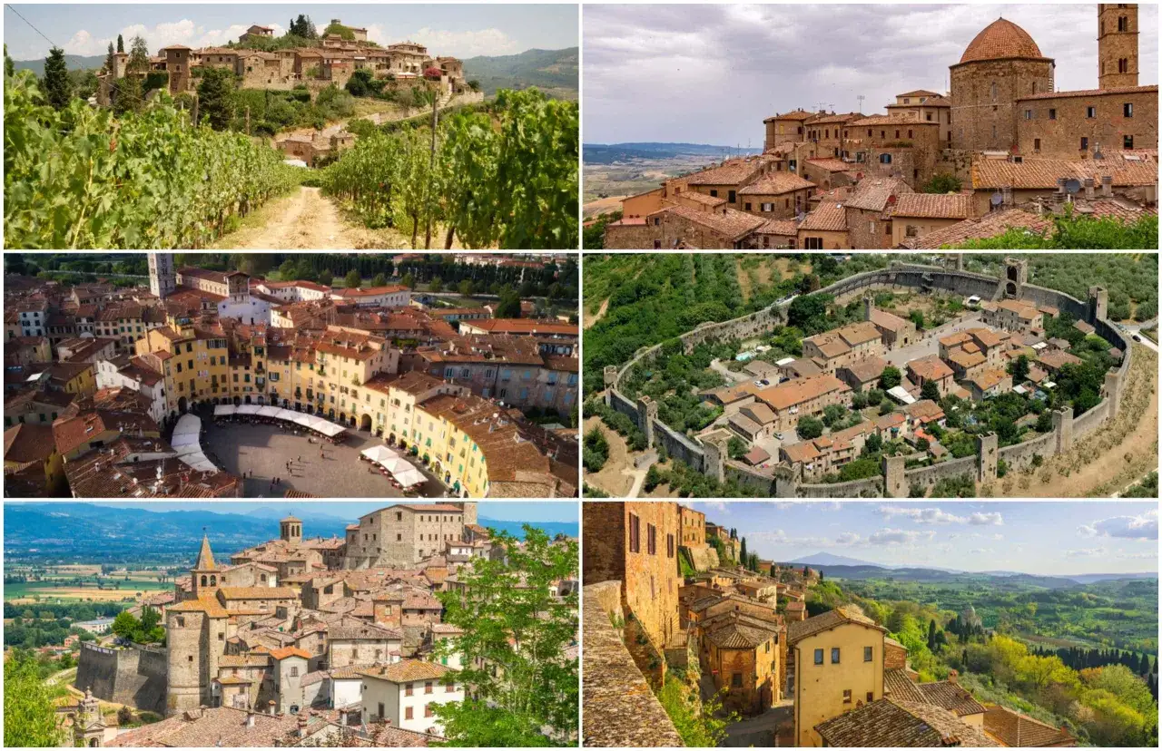 Vyer &ouml;ver pittoreska st&auml;der i Toscana, med ving&aring;rdar, gamla murar och b&ouml;ljande landskap.