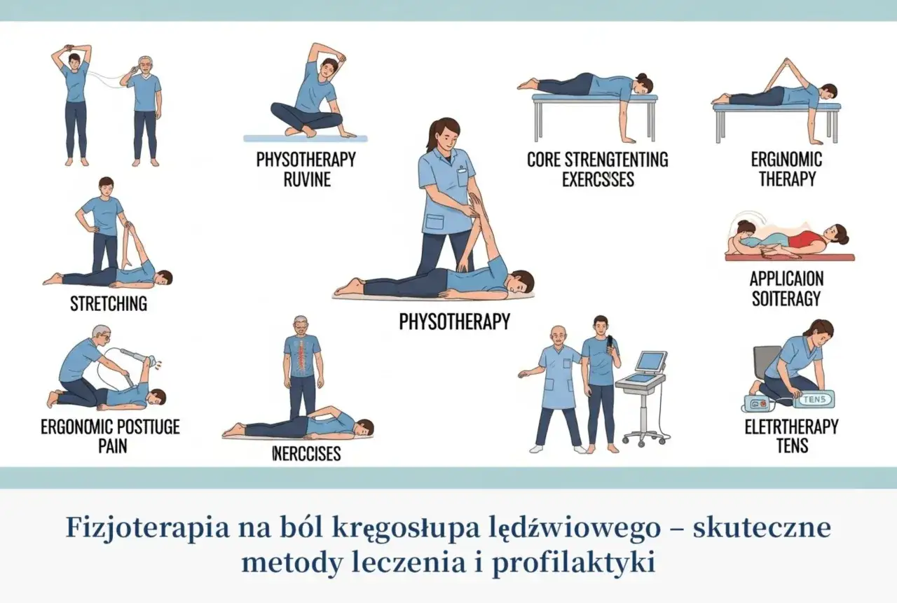 Ilustracje pokazują różne metody fizjoterapii, w tym ćwiczenia po złamaniu kręgosłupa lędźwiowego, rozciąganie, terapię TENS.