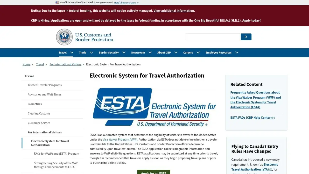 Strona U.S. Customs and Border Protection o systemie ESTA. Zastanawiasz się, esta ile się czeka na autoryzację podróży?