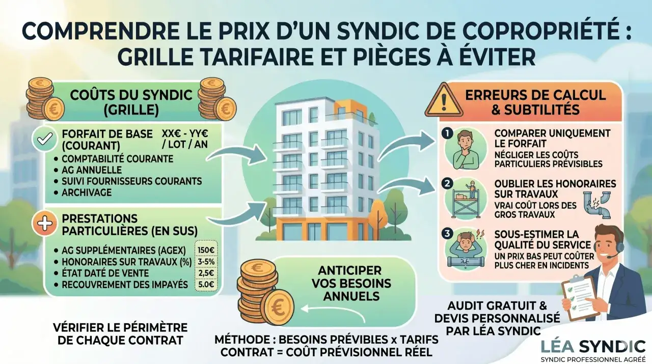 Comprendre les honoraires syndic sur travaux : grille, co&ucirc;ts, prestations, et erreurs &agrave; &eacute;viter pour un devis pr&eacute;visionnel r&eacute;el.