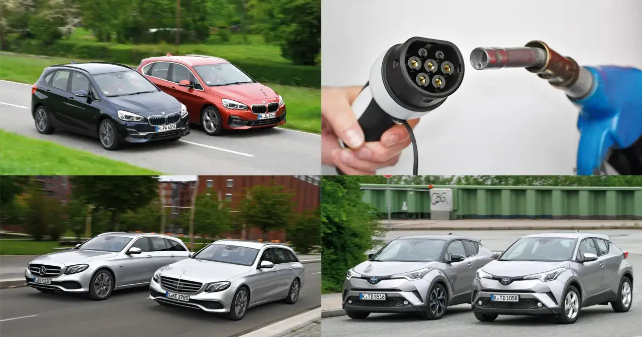 Por&oacute;wnanie r&oacute;żnych rodzaj&oacute;w paliwa: samochody spalinowe i elektryczne, wtyczka ładowania i dystrybutor paliwa.