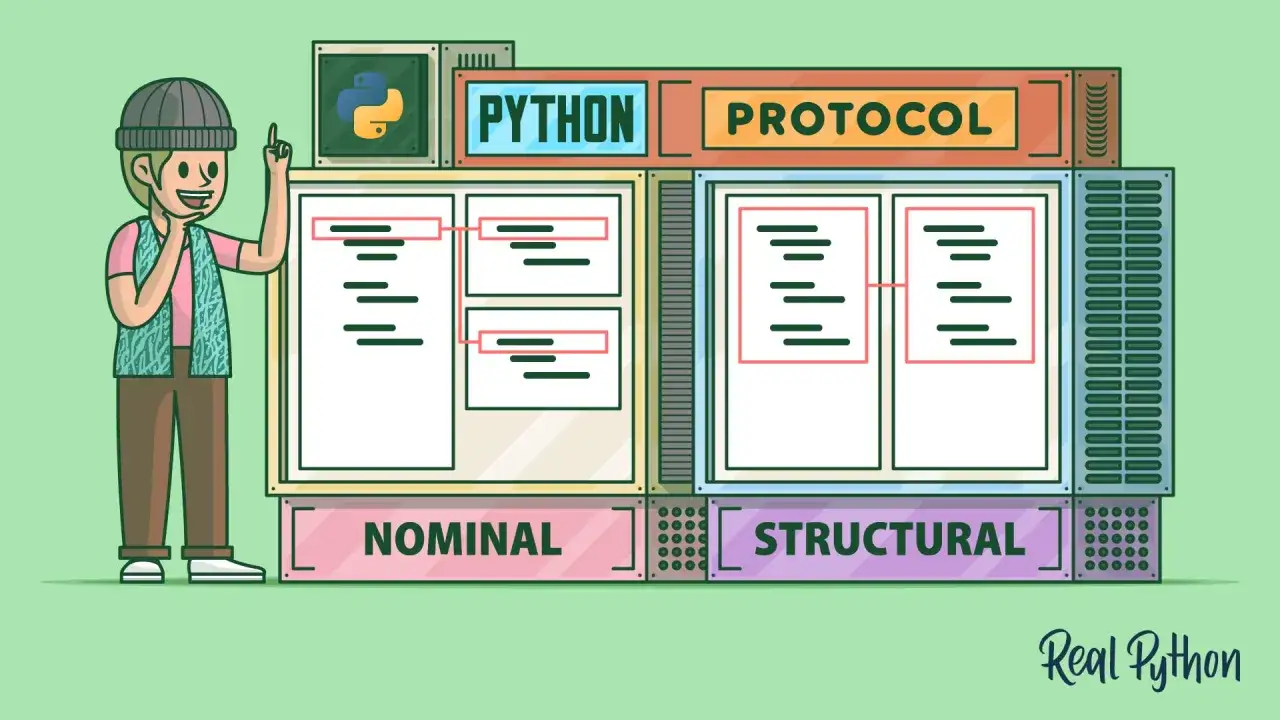 Postać wyjaśnia r&oacute;żnicę między nominalnym a strukturalnym podejściem w Pythonie, omawiając koncepcję python protocol.