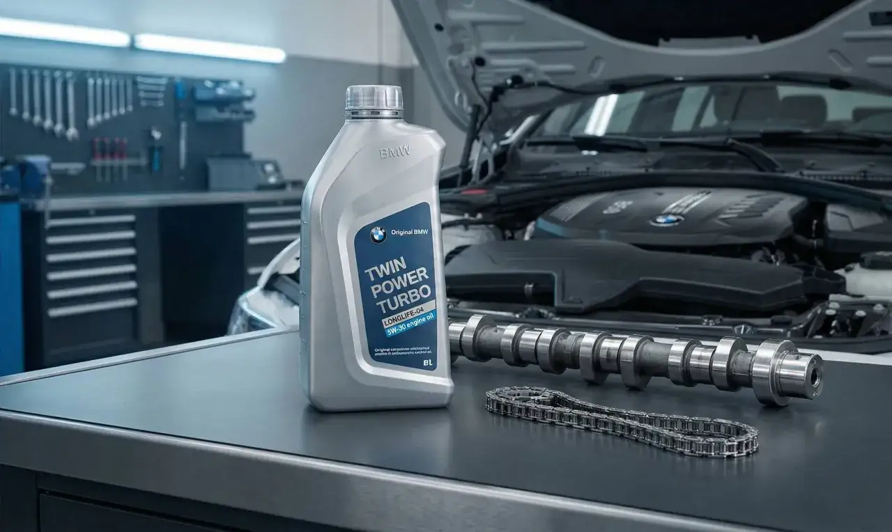Olej BMW Twin Power Turbo 5W-30, wałek rozrządu i łańcuch rozrządu na stole warsztatowym. N47.