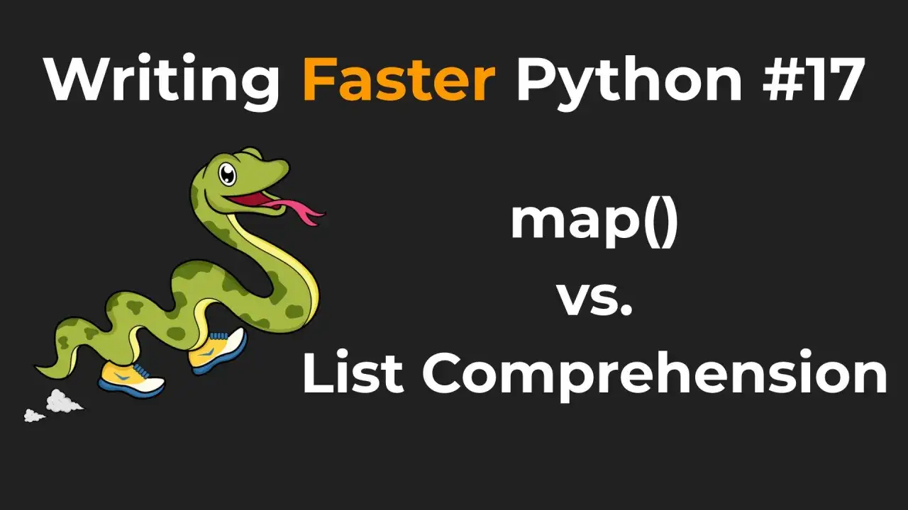 Un serpent Python court avec des baskets, comparant `map()` et les compr&eacute;hensions de liste pour &eacute;crire du Python plus rapide.