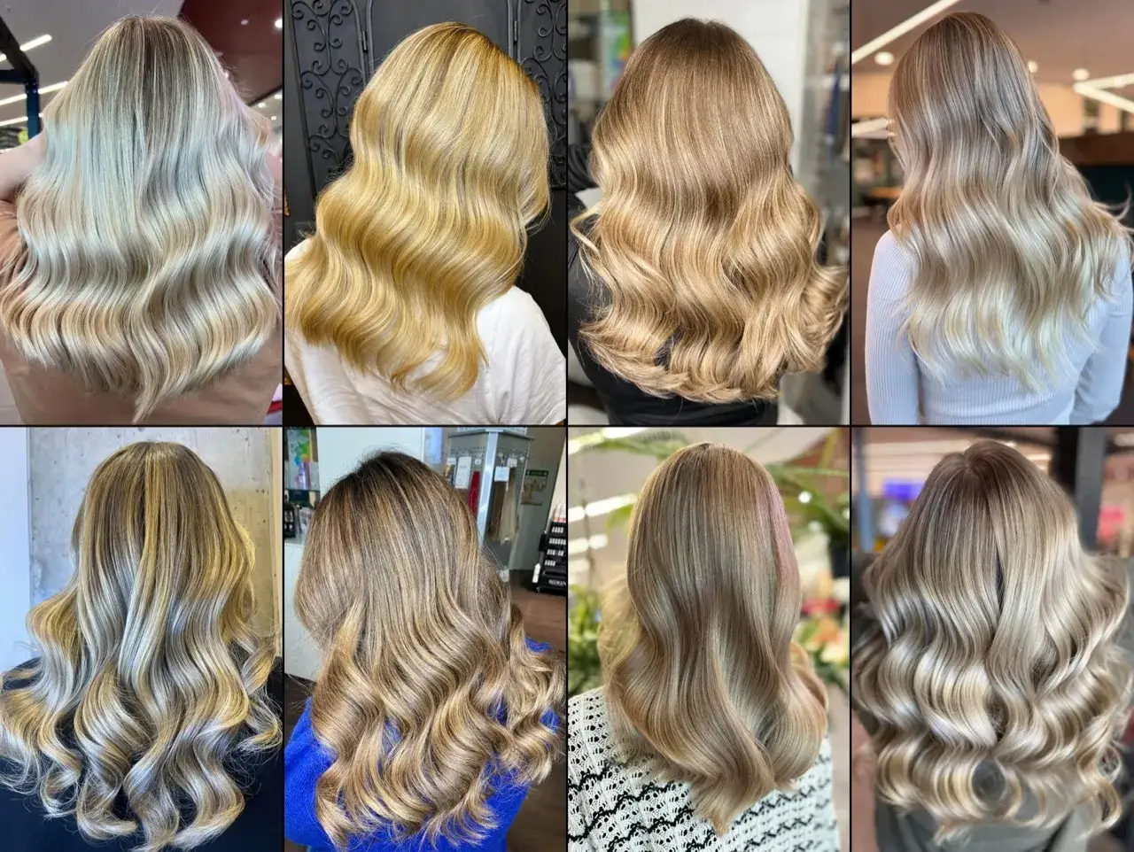 A collage of eight women with wavy, styled hair in various shades of blonde. Which blondton stands me?