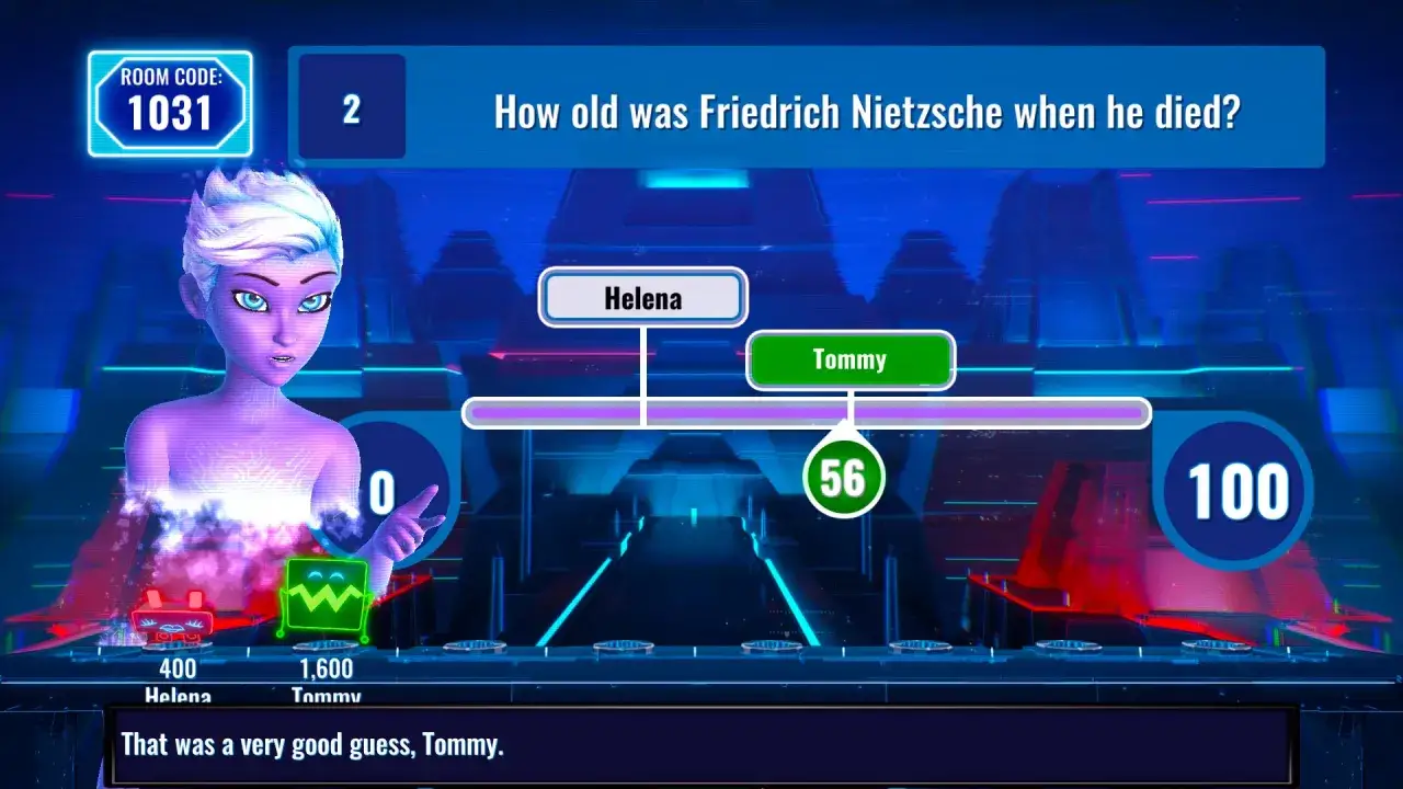 Gra quizowa z pytaniem o wiek Nietzschego. Gracze Helena i Tommy odpowiadają, Tommy zgaduje 56.