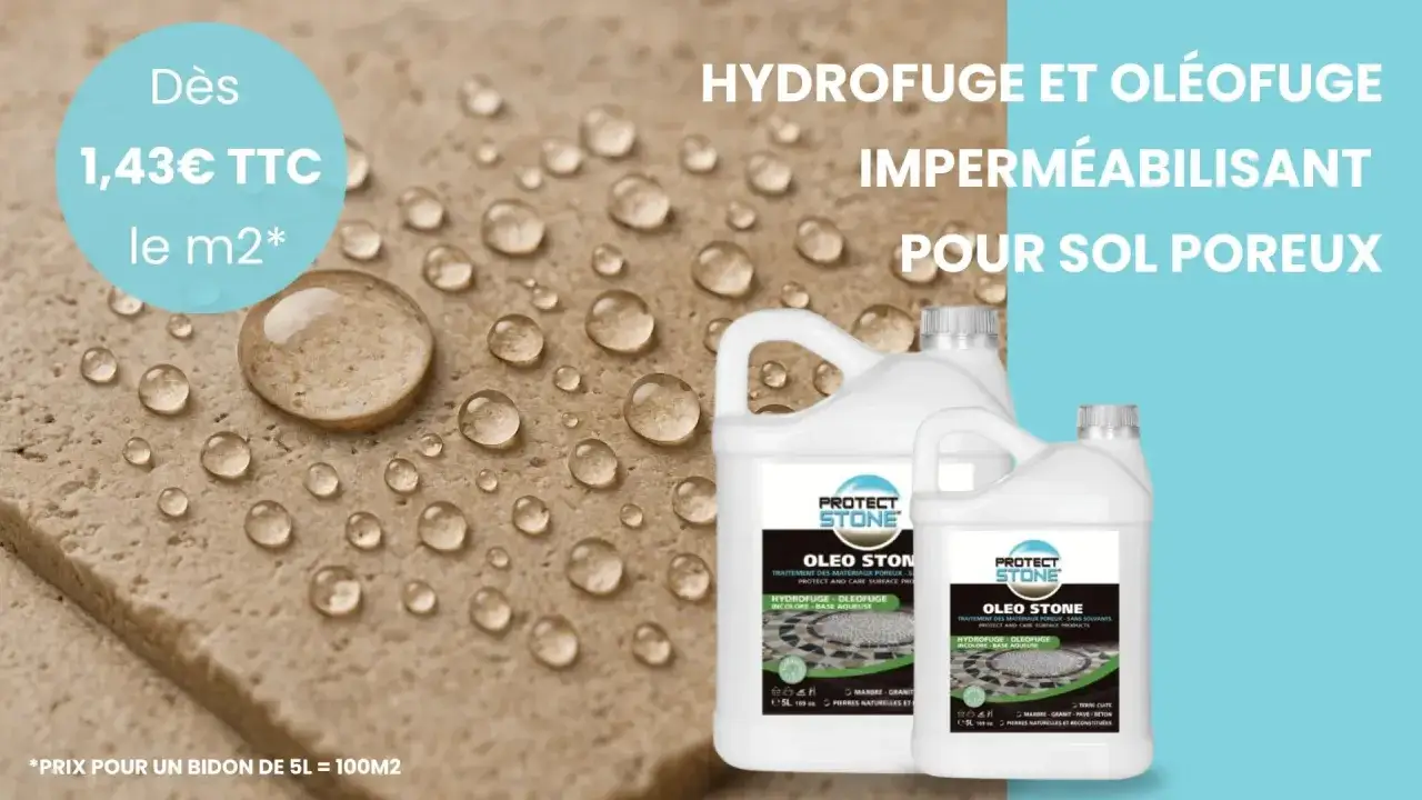 Des gouttes d'eau sur une pierre poreuse illustrent la diff&eacute;rence entre hydrofuge et ol&eacute;ofuge, pour prot&eacute;ger vos sols.