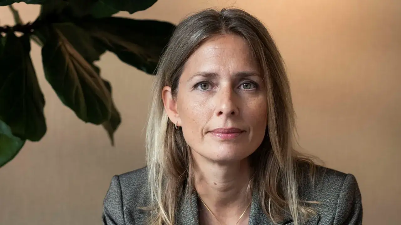 Helena Helmersson, VD för H&M, med gröna ögon och blont hår, bär en grå kavaj. En stor grön växt syns till vänster.