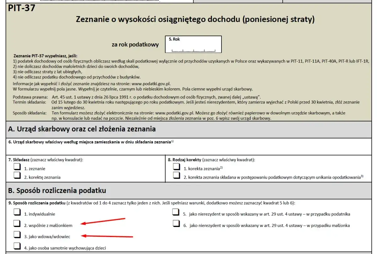 Formularz PIT-37 do rozliczenia dochodu. Sekcja B dotyczy sposobu rozliczenia podatku, np. wspólnie z małżonkiem.