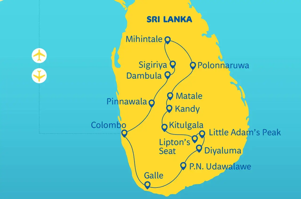 Mapa turystyczna Sri Lanki z zaznaczonymi atrakcjami i trasą podróży. Dwa samoloty symbolizują lotnisko.