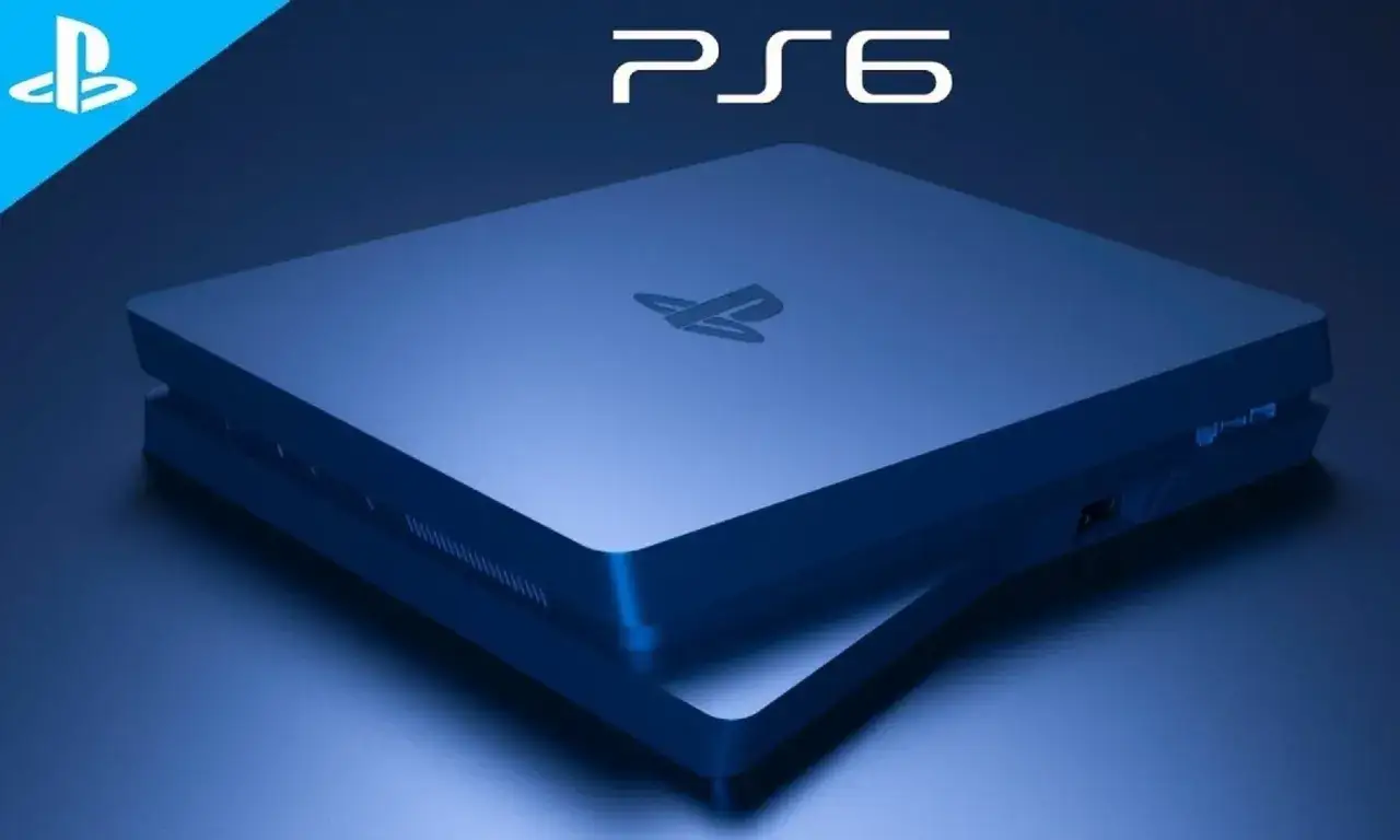 Consola PS6 azul con logo de PlayStation. El diseño elegante sugiere el próximo lanzamiento de la consola.