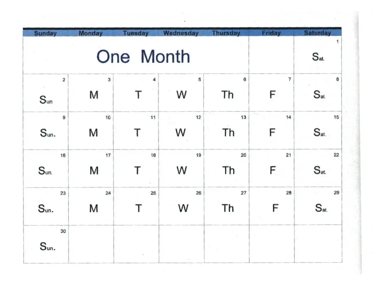 Calendario mensile con giorni abbreviati. Il gioved&igrave; (Thursday) &egrave; segnato con 