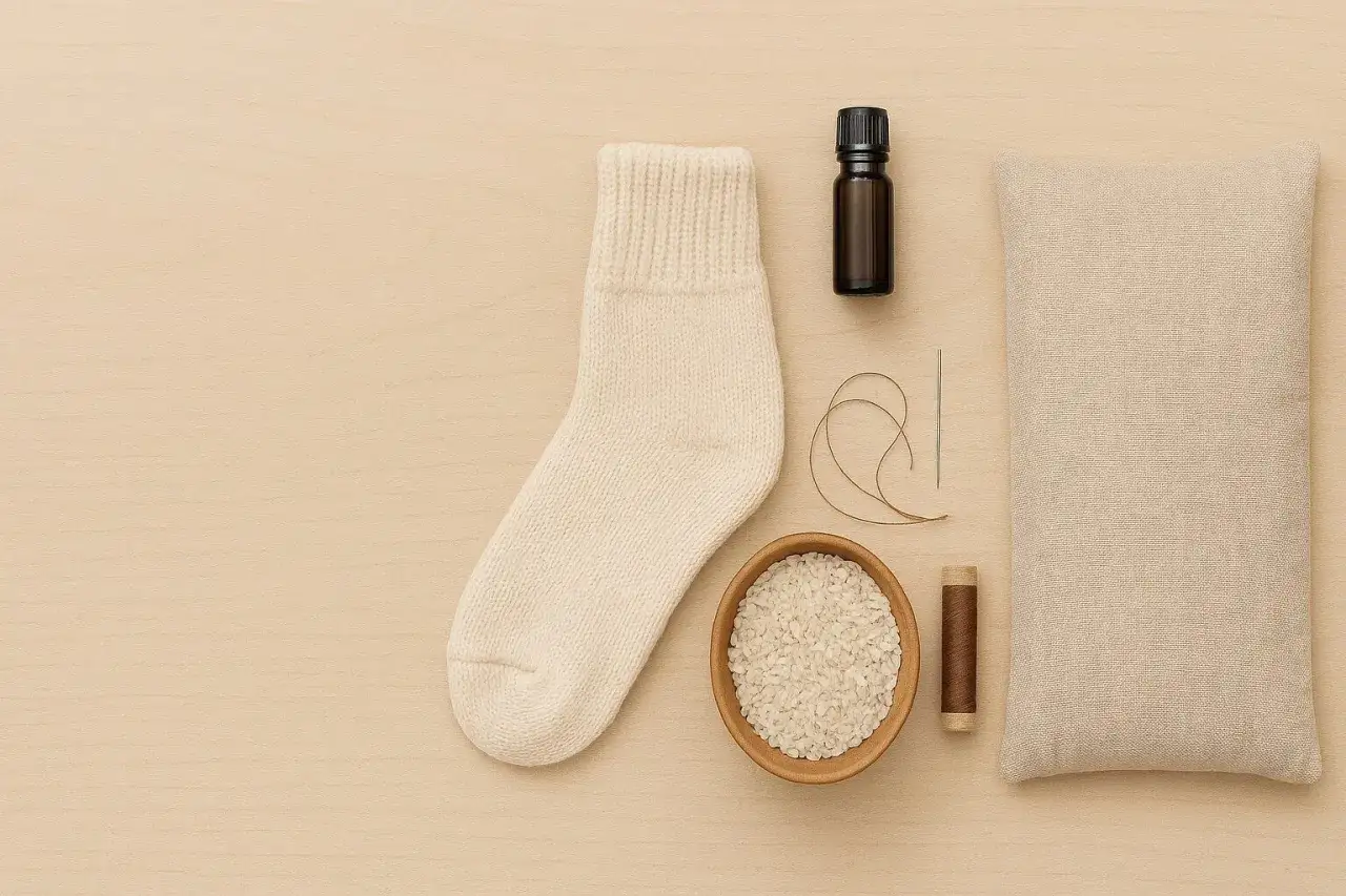 Pour savoir comment faire une bouillotte sans bouillotte, voici les ingrédients : une chaussette, du riz, une aiguille, du fil, une petite fiole et un coussin.