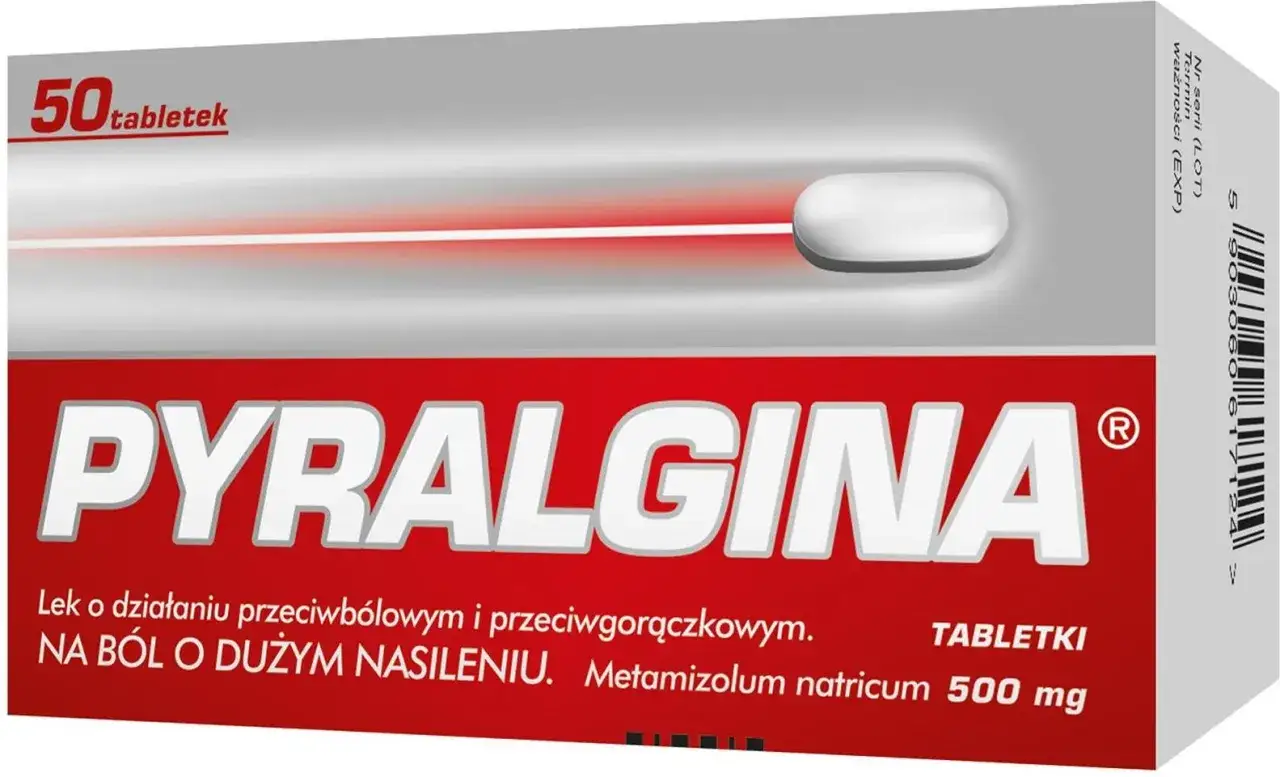 Opakowanie Pyralginy 50 tabletek. Lek na ból o dużym nasileniu, przeciwgorączkowy.