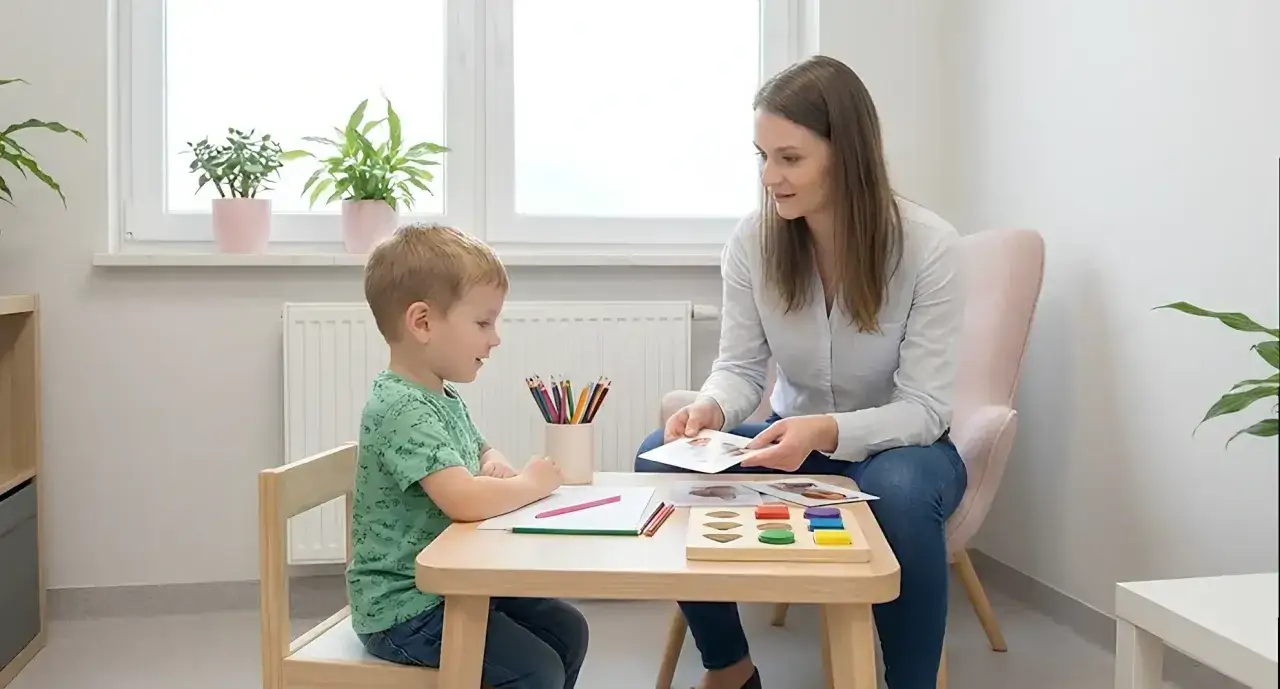 Psycholog dziecięcy rozmawia z chłopcem, pokazując mu karty obrazkowe.