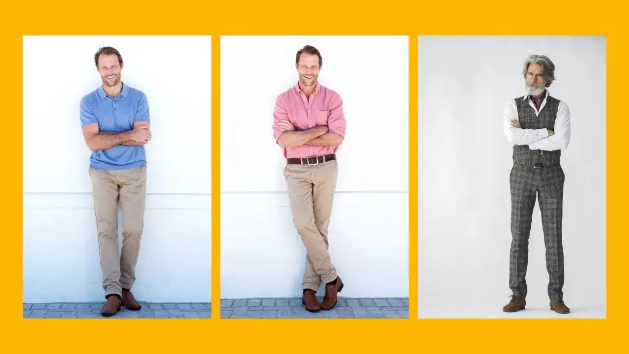 Elegancki mężczyzna po 50. prezentuje trzy stylizacje: casualową w błękitnej koszulce polo, smart casual w r&oacute;żowej koszuli i klasyczną w garniturze w kratę.