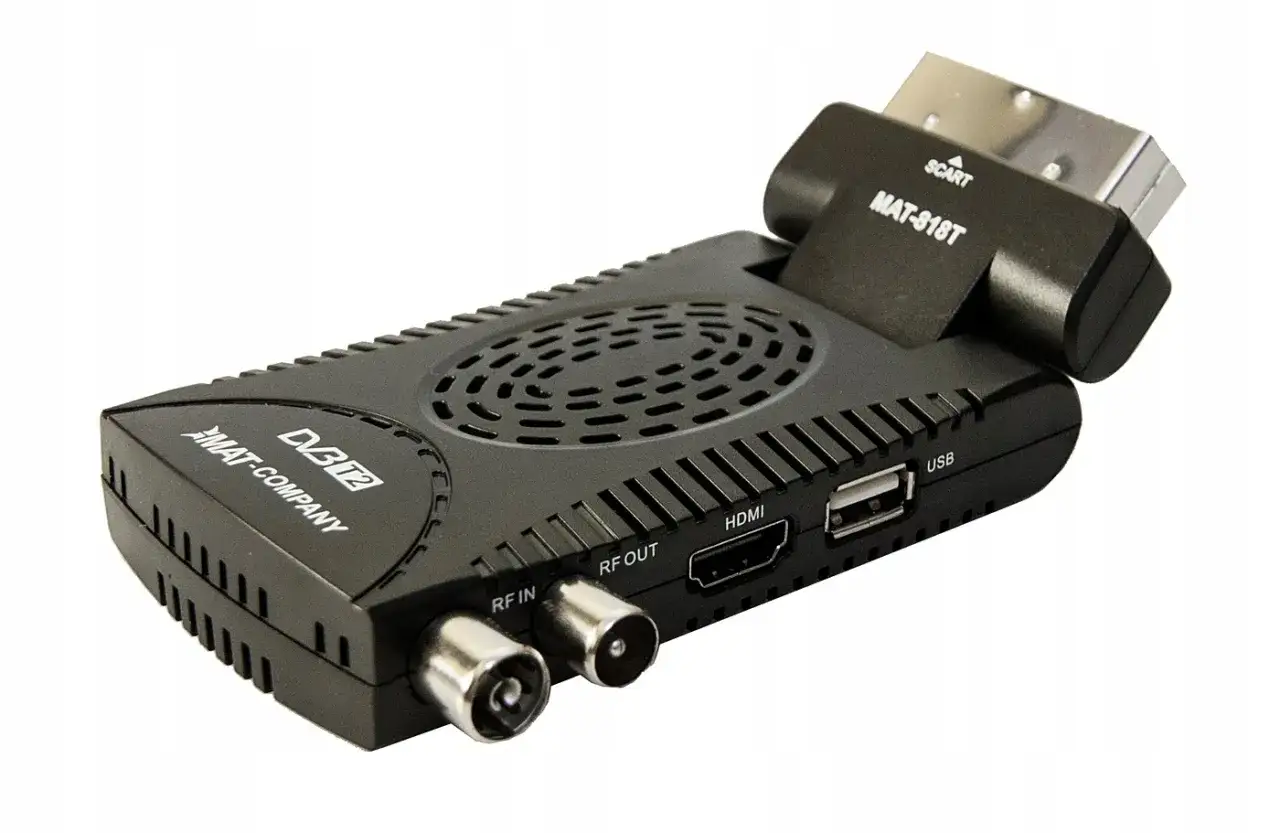 Czarny dekoder DVB-T2 MAT-COMPANY z SCART i HDMI. Zastanawiasz się, jaki dekoder DVB-T2 wybrać? Ten model to dobry wybór.