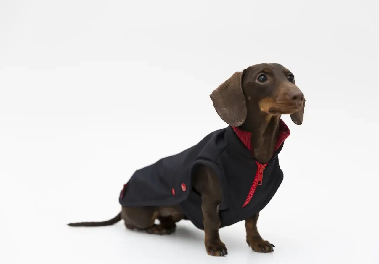 Perro salchicha sin pelo, con un abrigo negro y rojo, posa con elegancia.