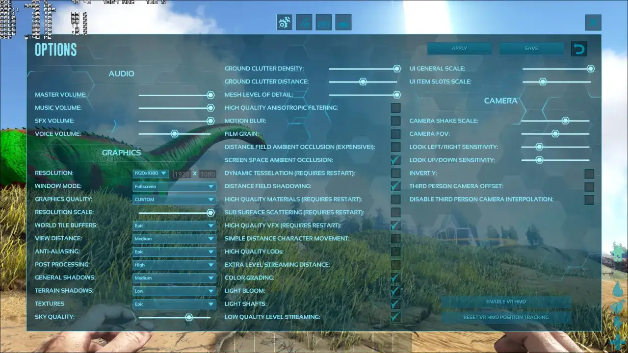 Ustawienia graficzne w Ark Survival Evolved. Widok menu opcji gry, gdzie można dostosować wymagania sprzętowe.