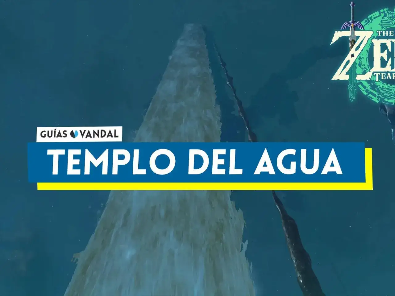 El templo del agua en Zelda Tears of the Kingdom se alza imponente, una cascada gigante que desaf&iacute;a la gravedad.