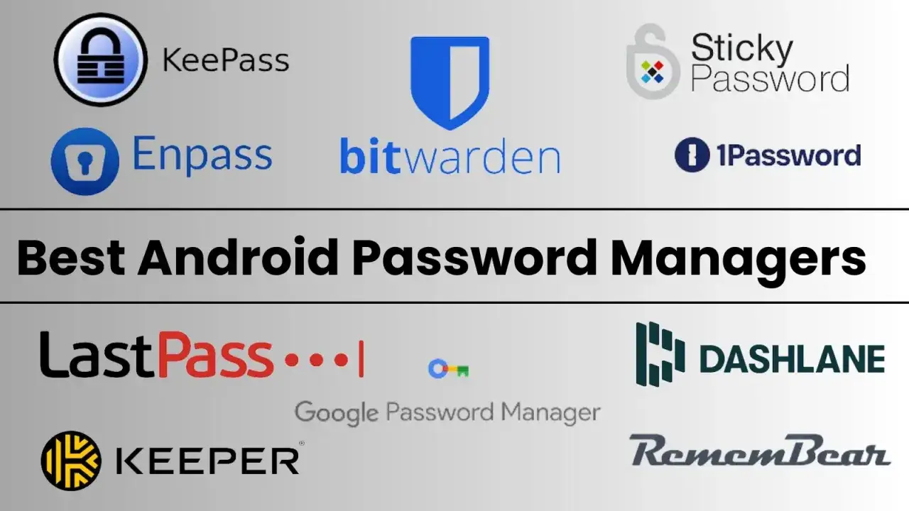 Logos von Passwort-Apps für Android: KeePass, Enpass, Bitwarden, Sticky Password, 1Password, LastPass, Google Password Manager, Keeper, Dashlane, RememBear.
