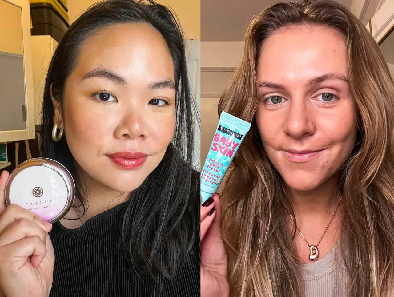 Två kvinnor visar upp sina hudvårdsprodukter. Den ena håller en silikonbaserad primer från Maybelline.