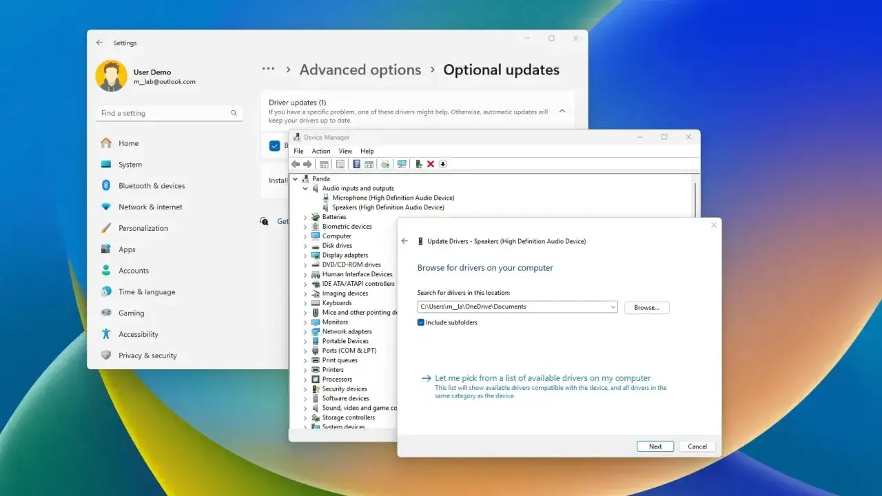 Aktualizacja sterownika audio Realtek w Windows 11. Menedżer urządzeń pokazuje opcjonalne aktualizacje sterowników dla karty dźwiękowej.