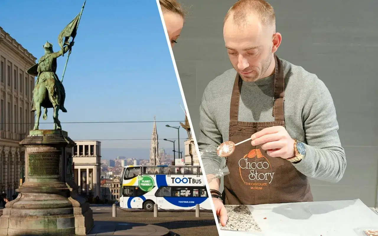 Pomnik rycerza w Brukseli i pracownik muzeum czekolady Belgia tworzący czekoladową lizawkę.