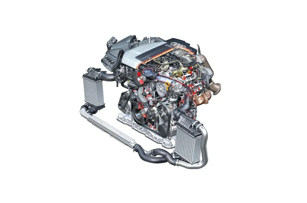 Silnik V6 TDI z Audi A6 C6 2.7 TDI w przekroju, z widocznymi turbosprężarkami i intercoolerami.