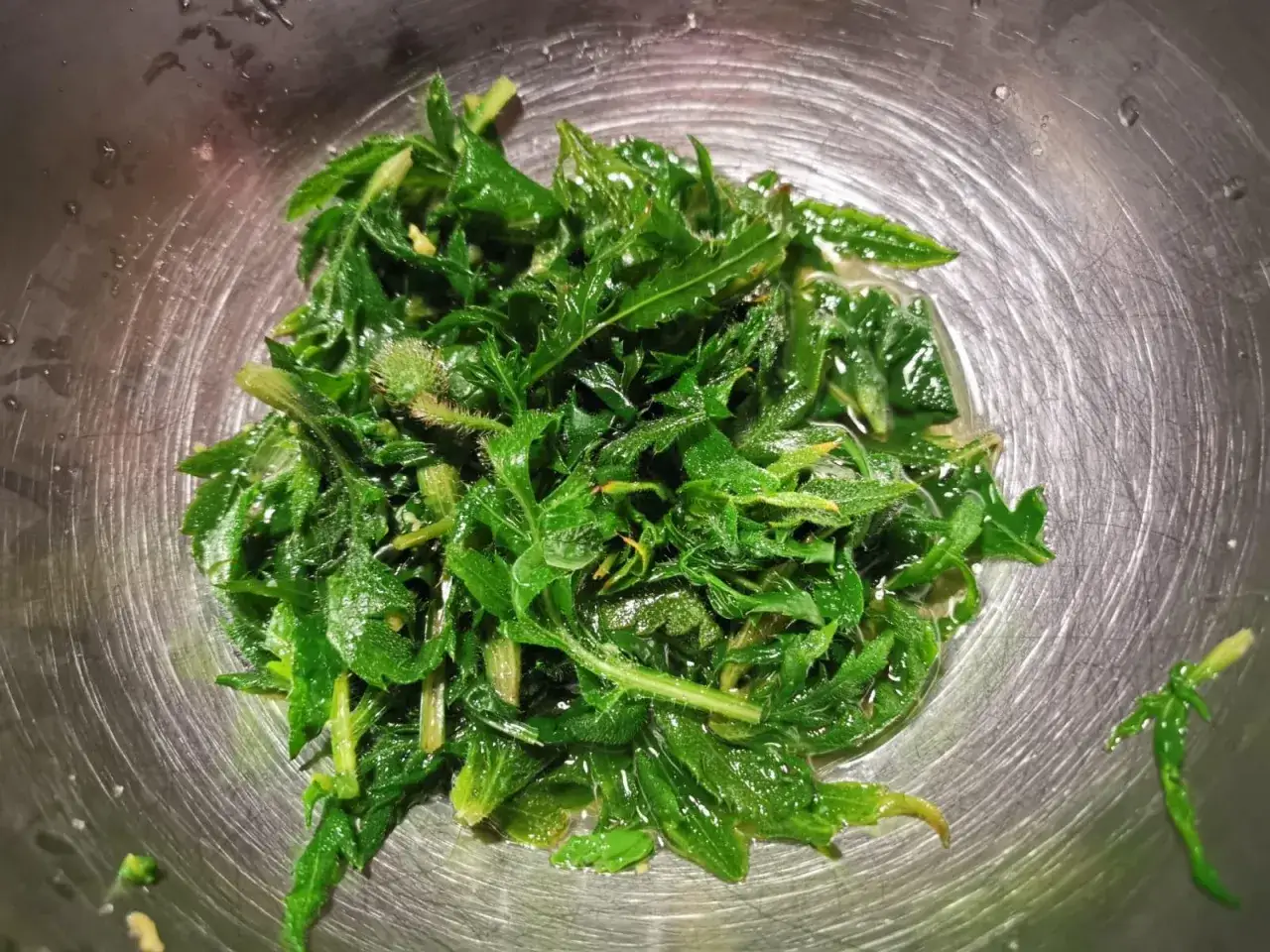 Un mucchietto di paparine verdura, fresche e lucide, in una ciotola d'acciaio.