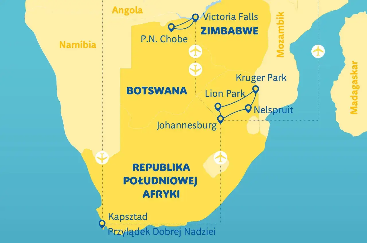 Mapa Afryki z trasą: Zimbabwe, Botswana, RPA (Johannesburg, Kruger Park, Kapsztad), Namibia, Angola. Zastanawiasz się, ile się leci na Madagaskar?