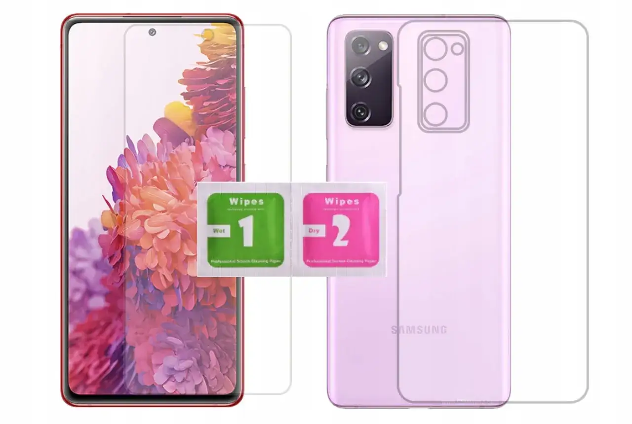 Różowy Samsung S20 z akcesoriami do montażu folii ochronnej.