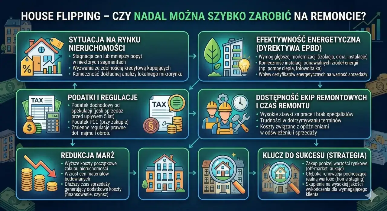 Flipowanie nieruchomości: analiza rynku, podatki, efektywność energetyczna, ekipy remontowe i klucz do sukcesu.