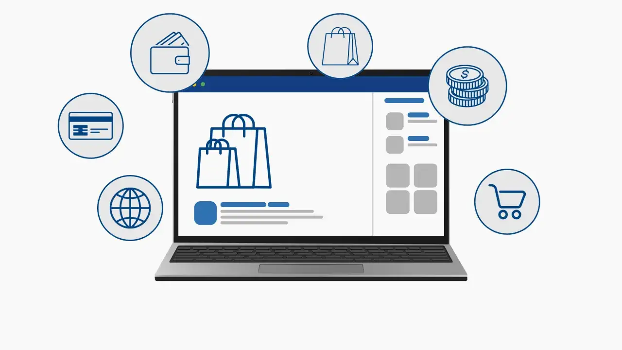 Laptop z ikonami zakup&oacute;w, płatności i globalnej sieci. Ilustracja przedstawia rozw&oacute;j platform e-commerce w Polsce.