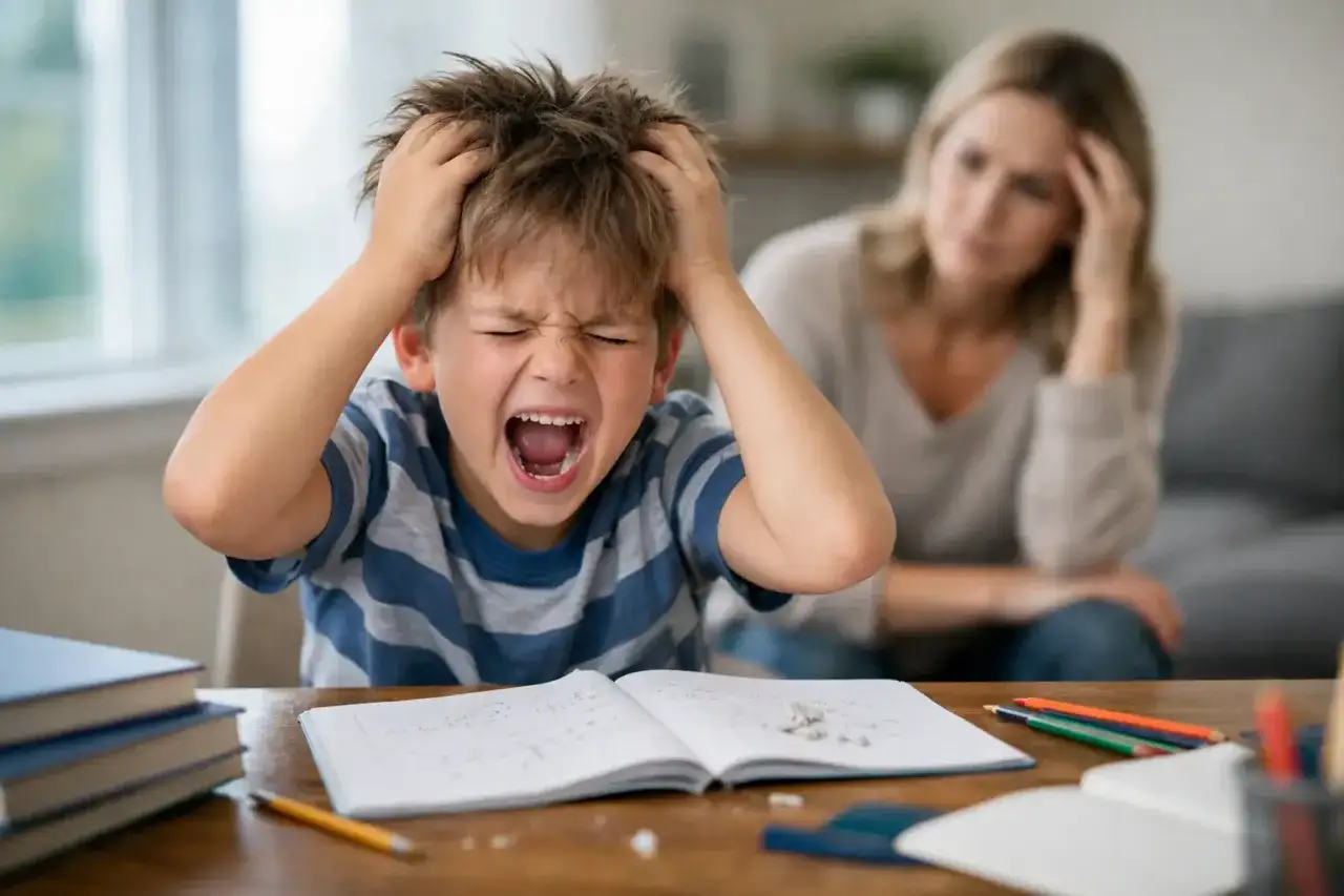 Ein Junge schreit verzweifelt und kratzt sich die Haare, während seine Mutter im Hintergrund resigniert wirkt. Eine deutliche eskalation bei hausaufgaben.