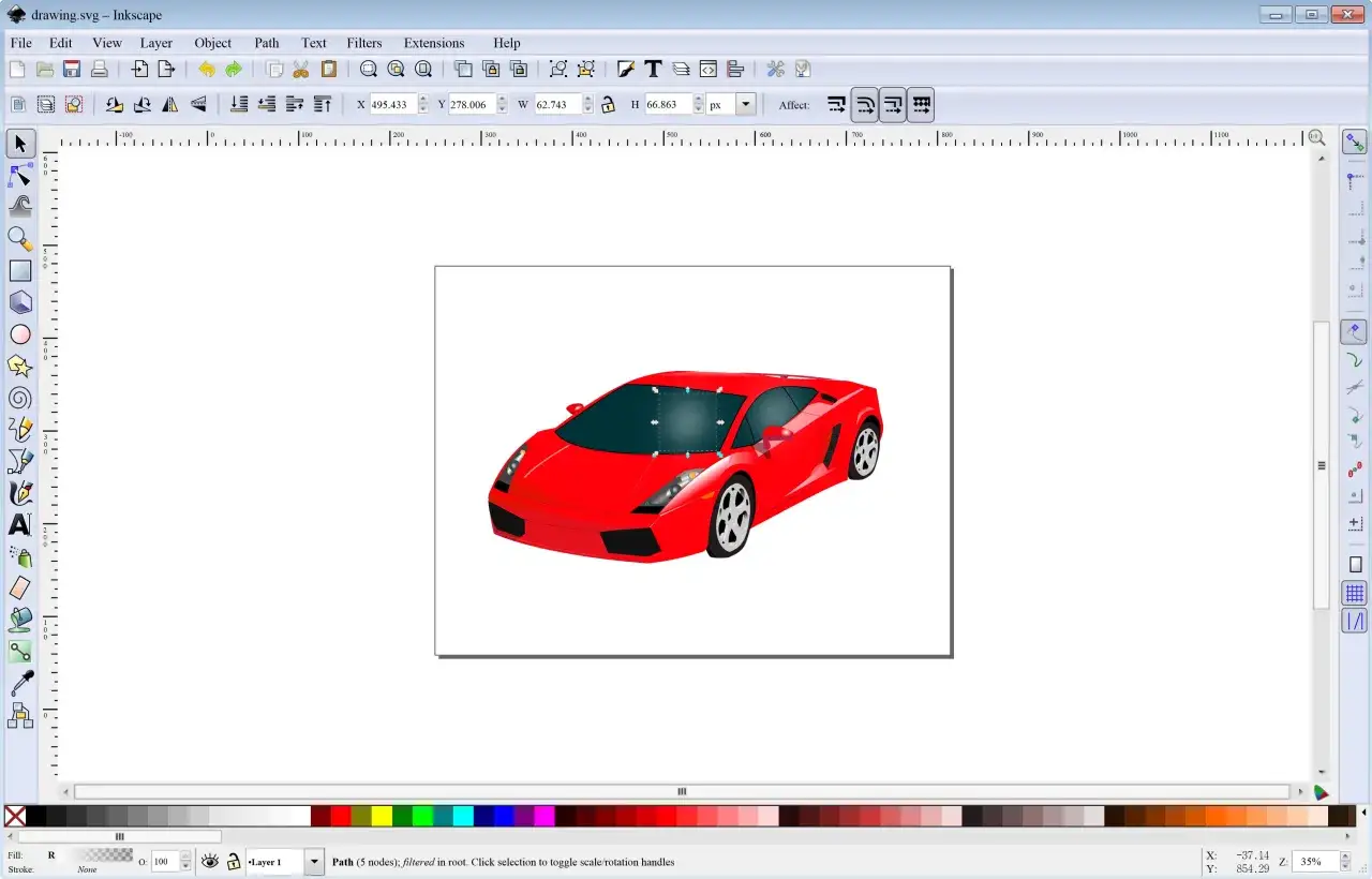 Darmowy program do obróbki zdjęć po polsku. W Inkscape narysowano czerwony samochód sportowy.