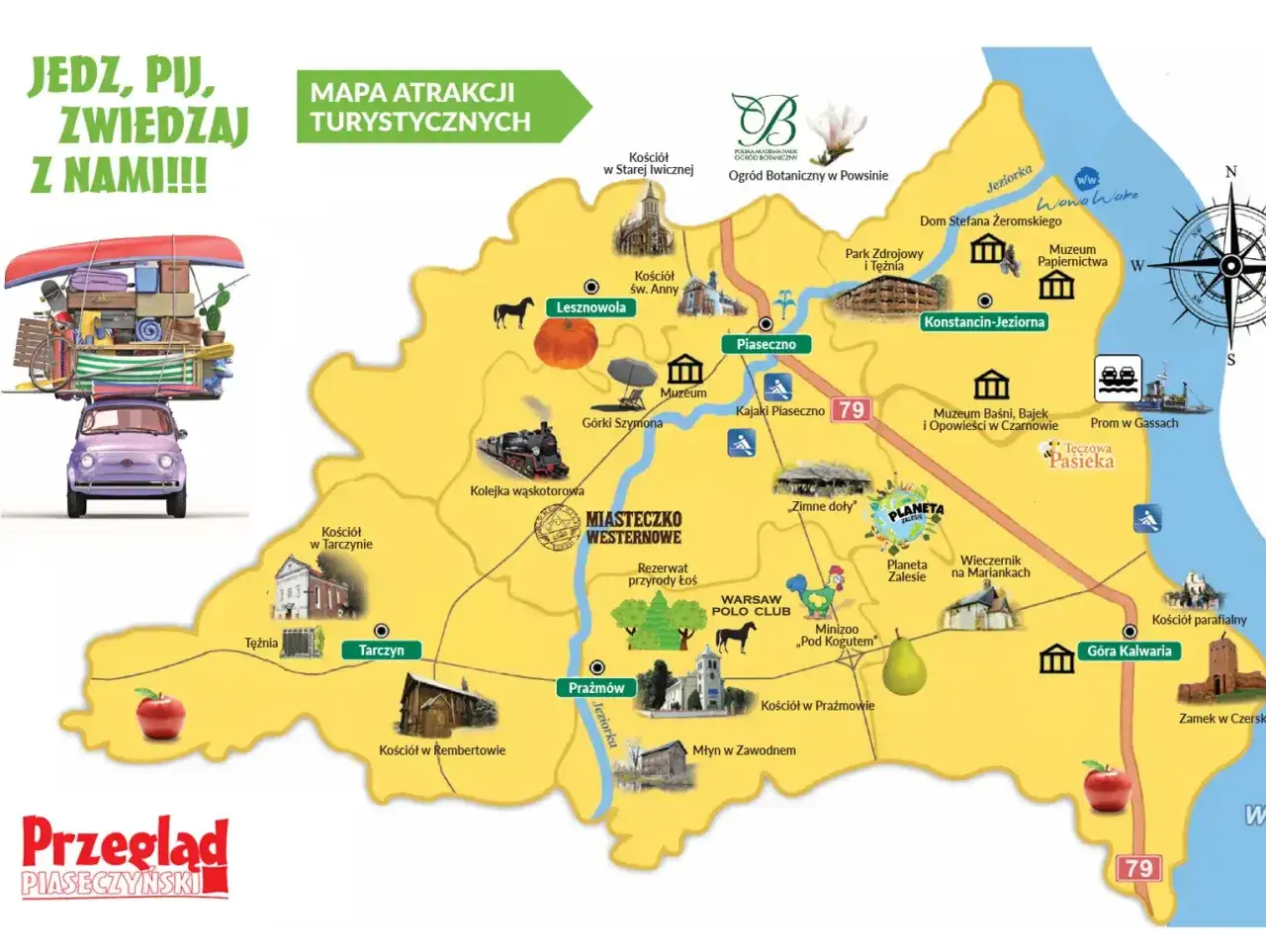 Mapa atrakcji turystycznych w okolicach Warszawy. Znajdziesz tu zabytki, muzea, parki i miejsca na aktywne spędzanie czasu. Idealne na wycieczkę i pyszne jedzenie!