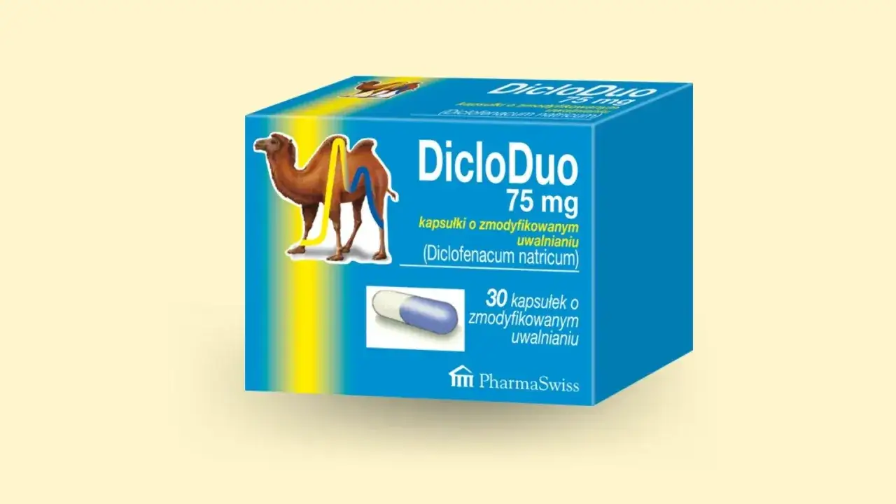 Opakowanie DicloDuo 75 mg z wielbłądem, na ból zęba. Zawiera 30 kapsułek o zmodyfikowanym uwalnianiu.