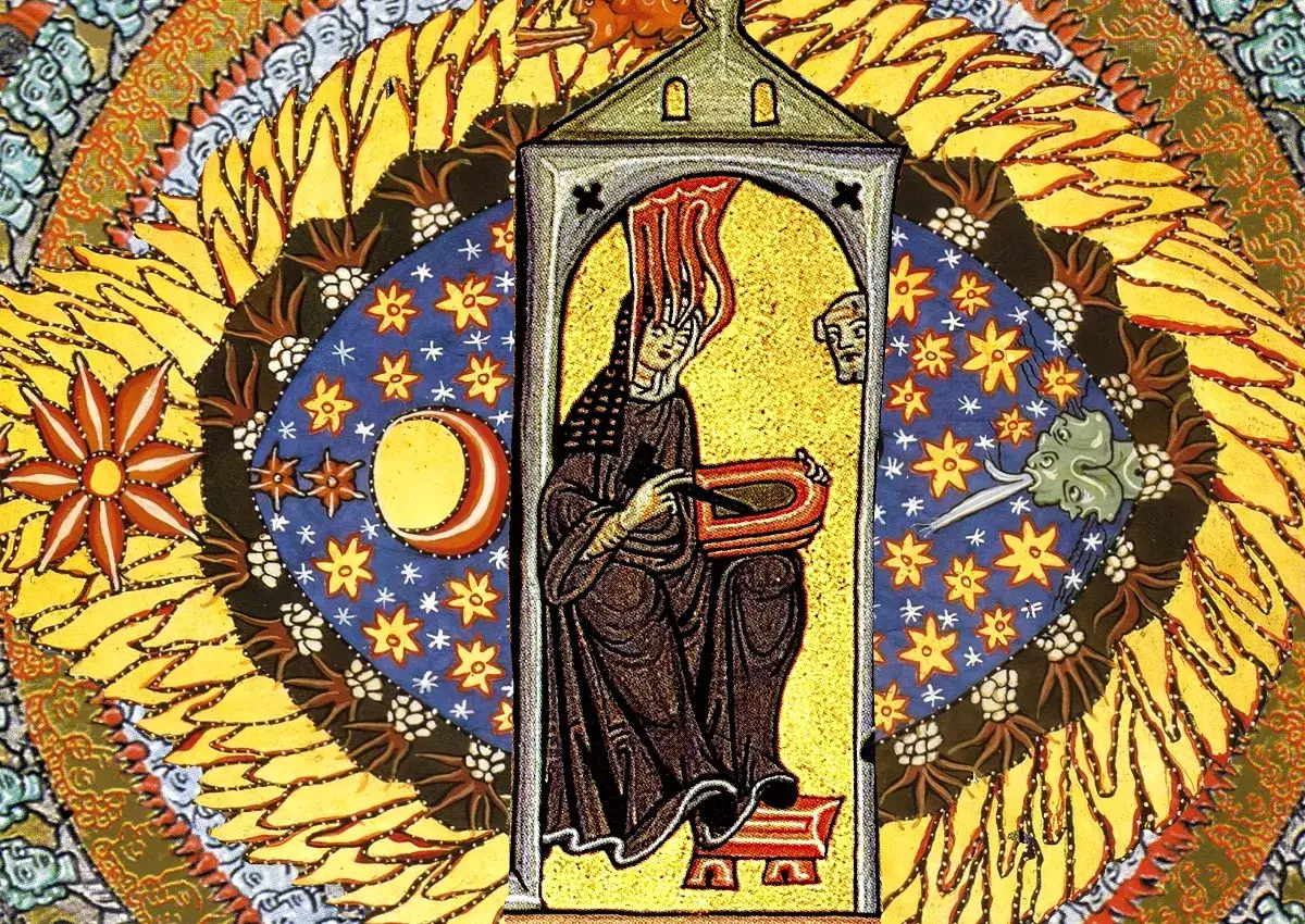 Vivid Hildegard of Bingen art depicts a nun writing amidst a cosmic, starry sky with celestial bodies and symbolic figures.