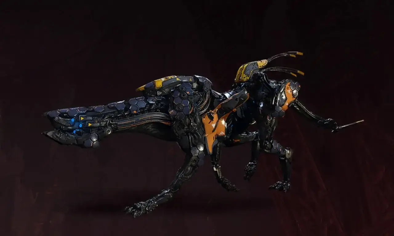 Mechaniczny stw&oacute;r z Horizon Zero Dawn poradnik. Czarny, z ż&oacute;łtymi i niebieskimi akcentami, groźny przeciwnik.