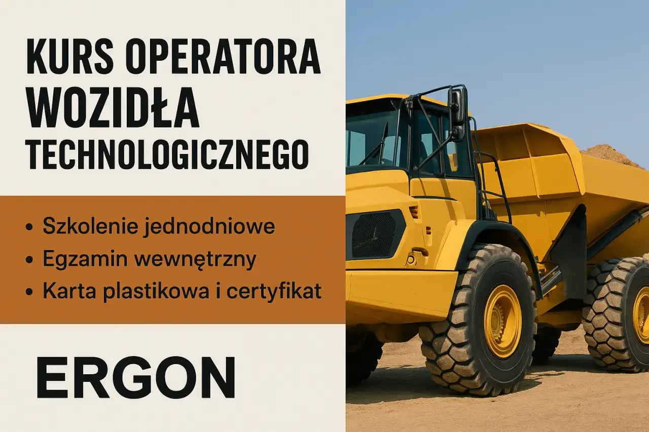 Kurs operatora wozidła technologicznego. Szkolenie, egzamin, certyfikat. Duża żółta maszyna budowlana.