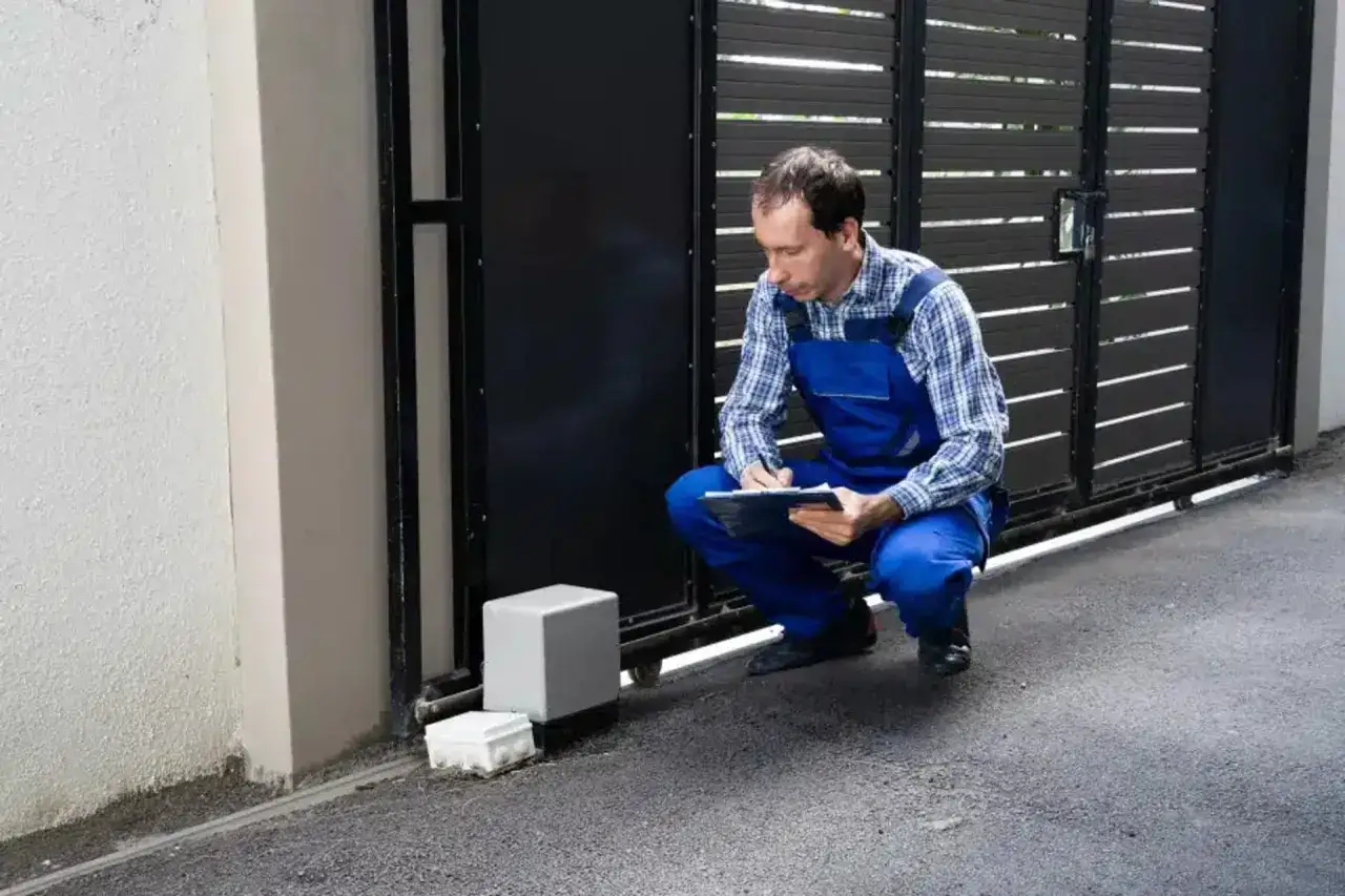 Un technicien vérifie le passage de gaine pour portail coulissant, prenant des notes sur son carnet.