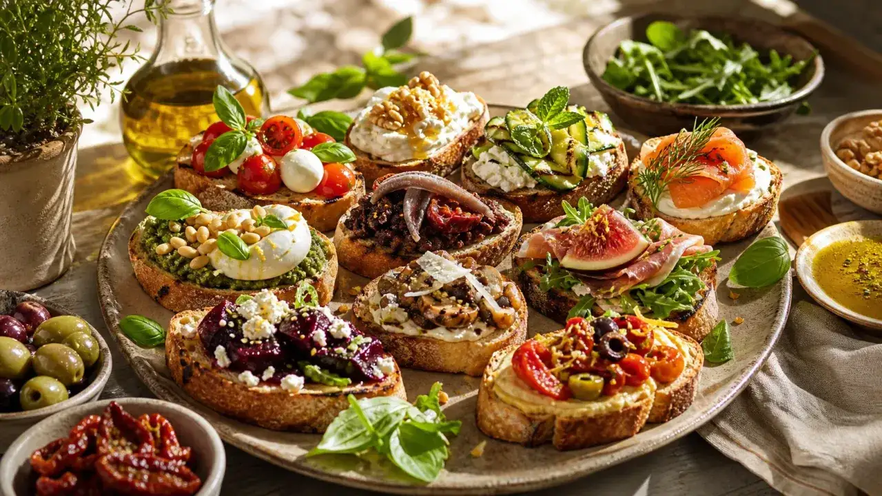 Assortiment de crostini italiens vari&eacute;s : tomates, mozzarella, pesto, saumon fum&eacute;, figues, anchois, champignons, betteraves. Un d&eacute;lice !