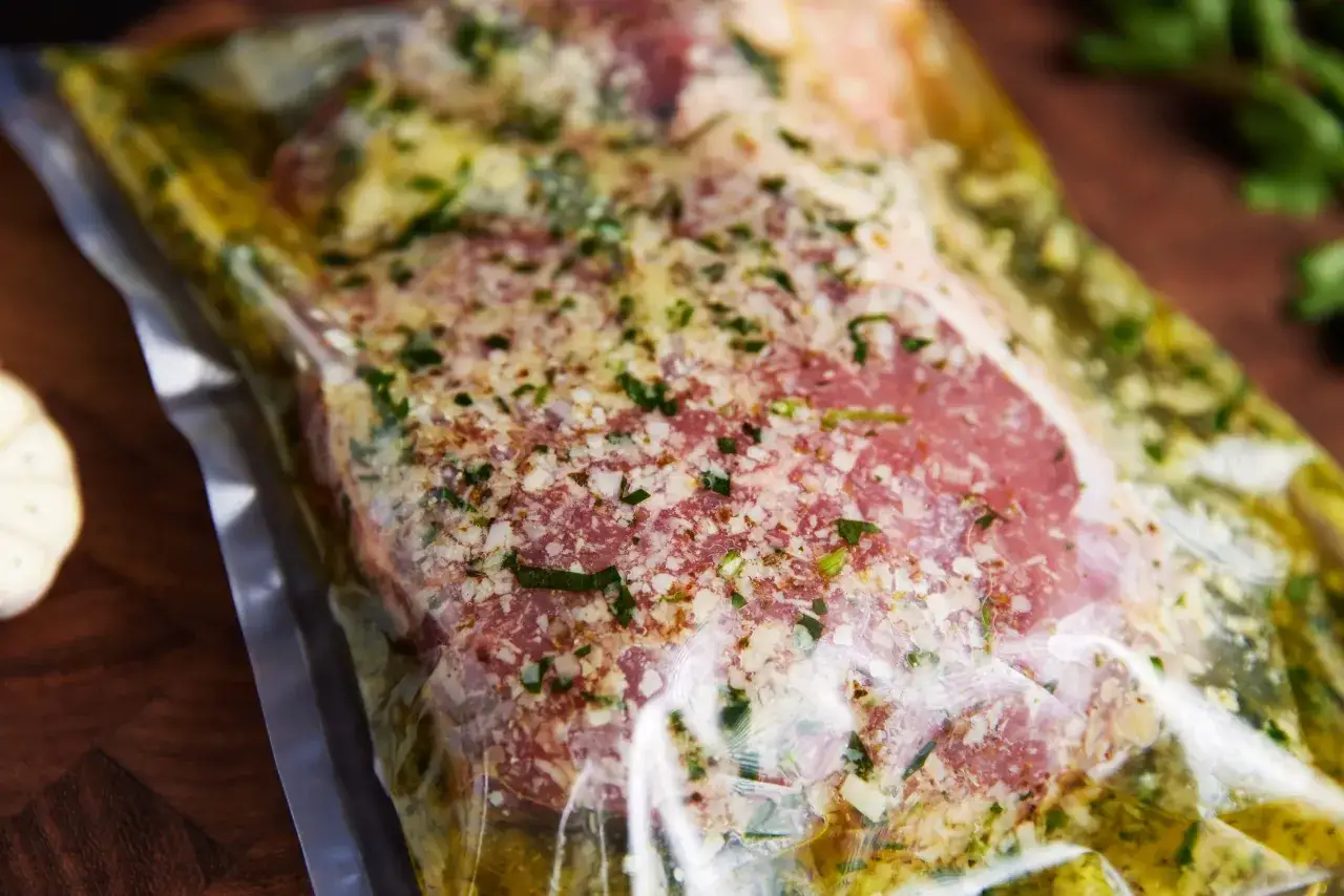 Rohes Steak in einer Vakuumbeutel-Marinade mit Kräutern und Gewürzen. Die beste Steak Marinade für zartes Fleisch.