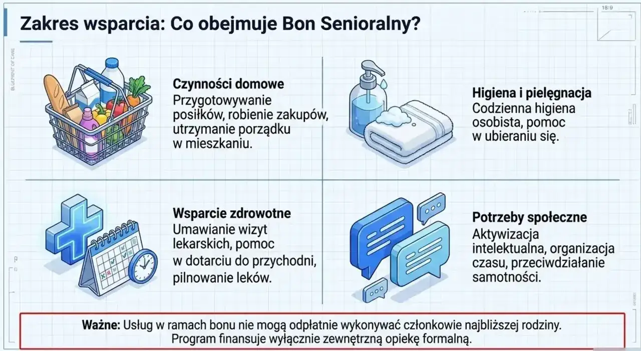 Bon senioralny wspiera codzienne czynności: zakupy, higienę, wizyty lekarskie i aktywność społeczną.