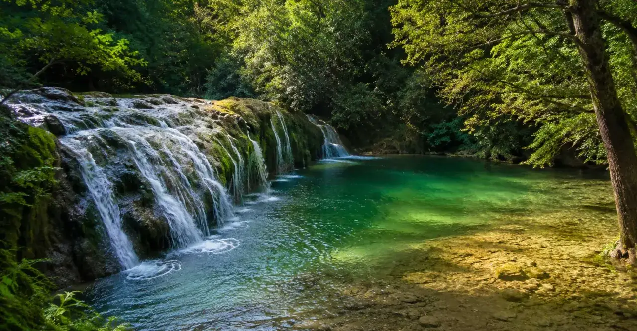 Le cascatelle di Cingoli, un angolo di paradiso verde smeraldo, dove l'acqua cristallina scivola su rocce muschiose tra alberi rigogliosi.