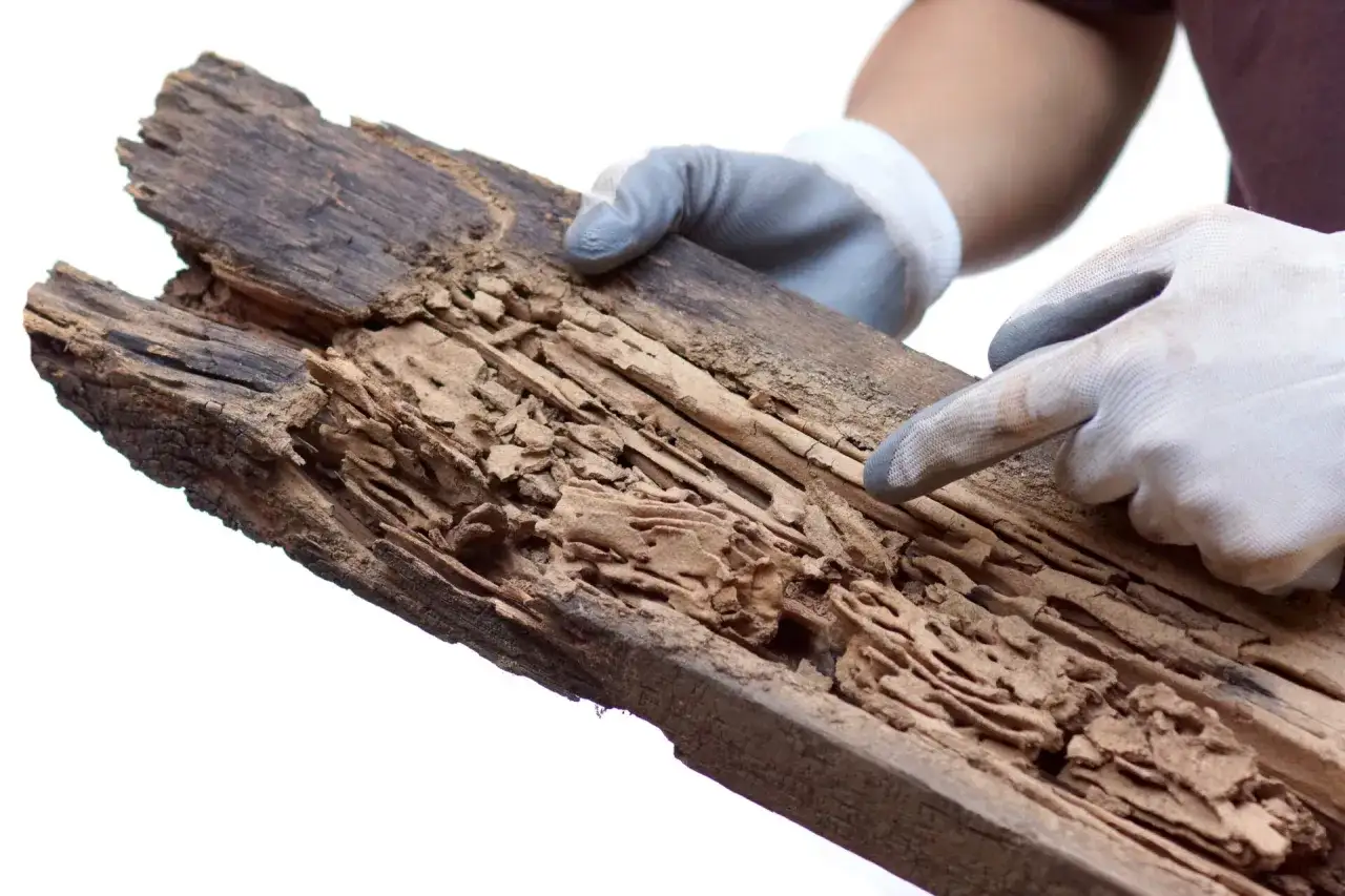 Mano guantata indica un pezzo di legno danneggiato, mostrando i tunnel scavati da un nido di termiti in casa.