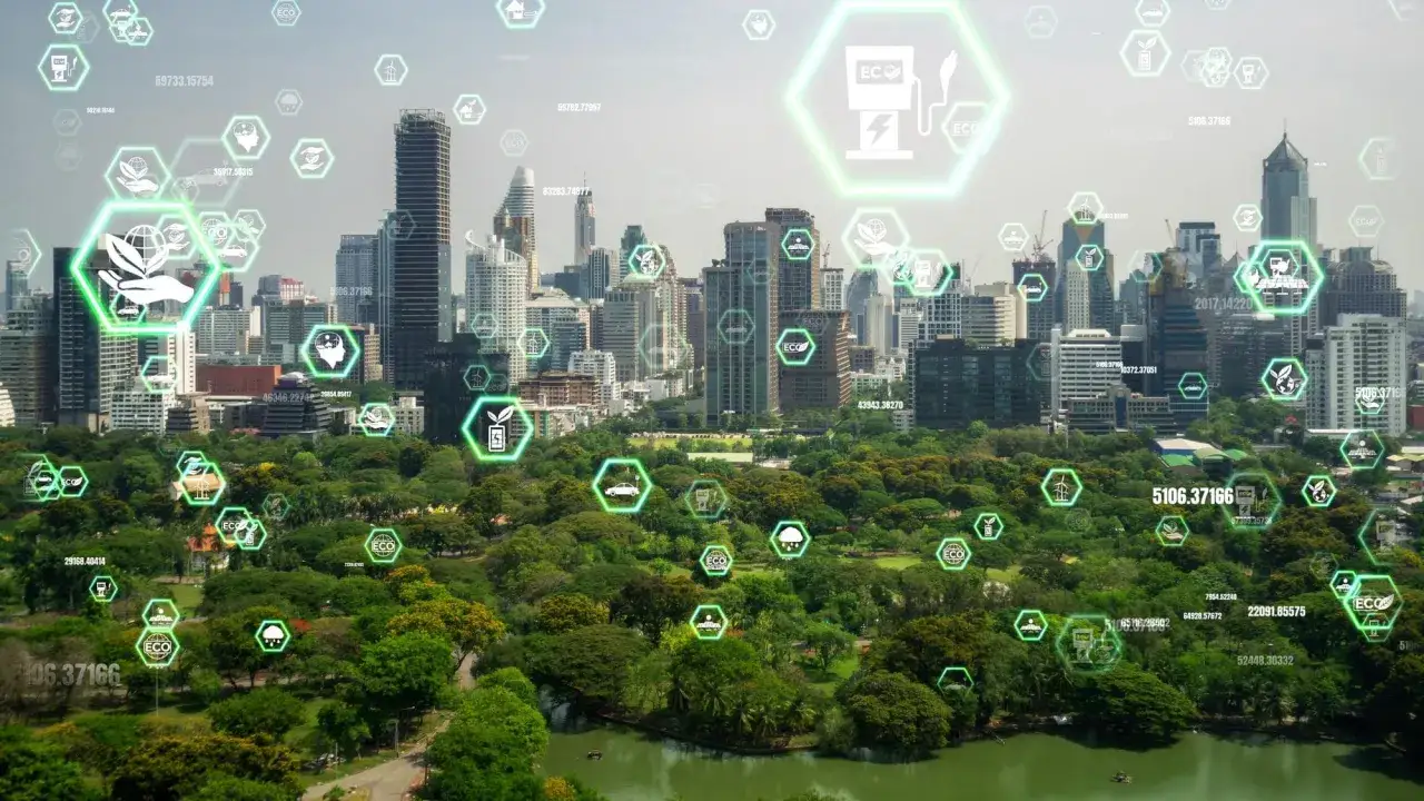 Gr&uuml;ne Symbole f&uuml;r Nachhaltigkeit &uuml;ber einer Stadt und einem Park. Sie visualisieren die leitbilder der stadtentwicklung, wie erneuerbare Energien und Umweltschutz.