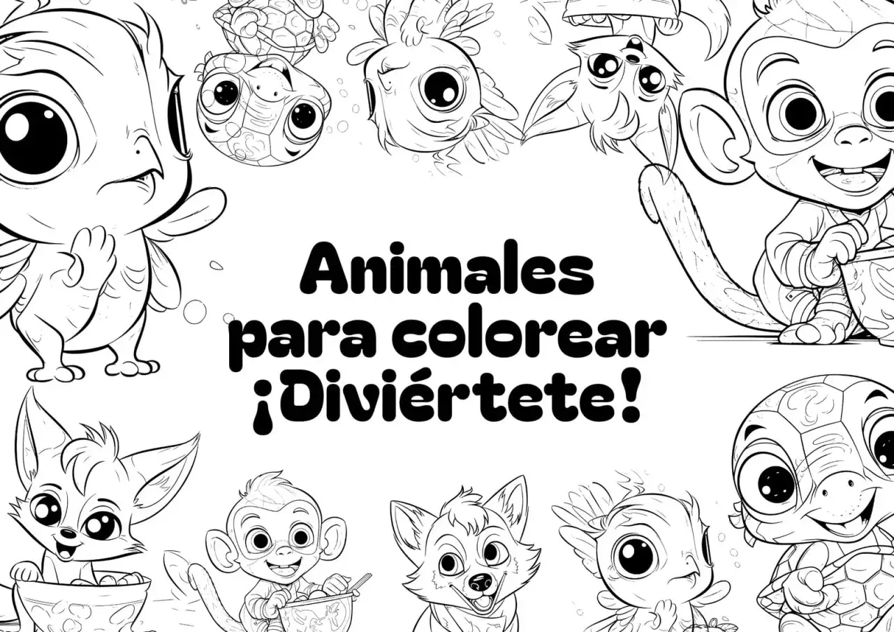 Divertidos dibujos de animales para ni&ntilde;os, listos para colorear. &iexcl;Un mono, un zorro, un pez y tortugas te esperan!