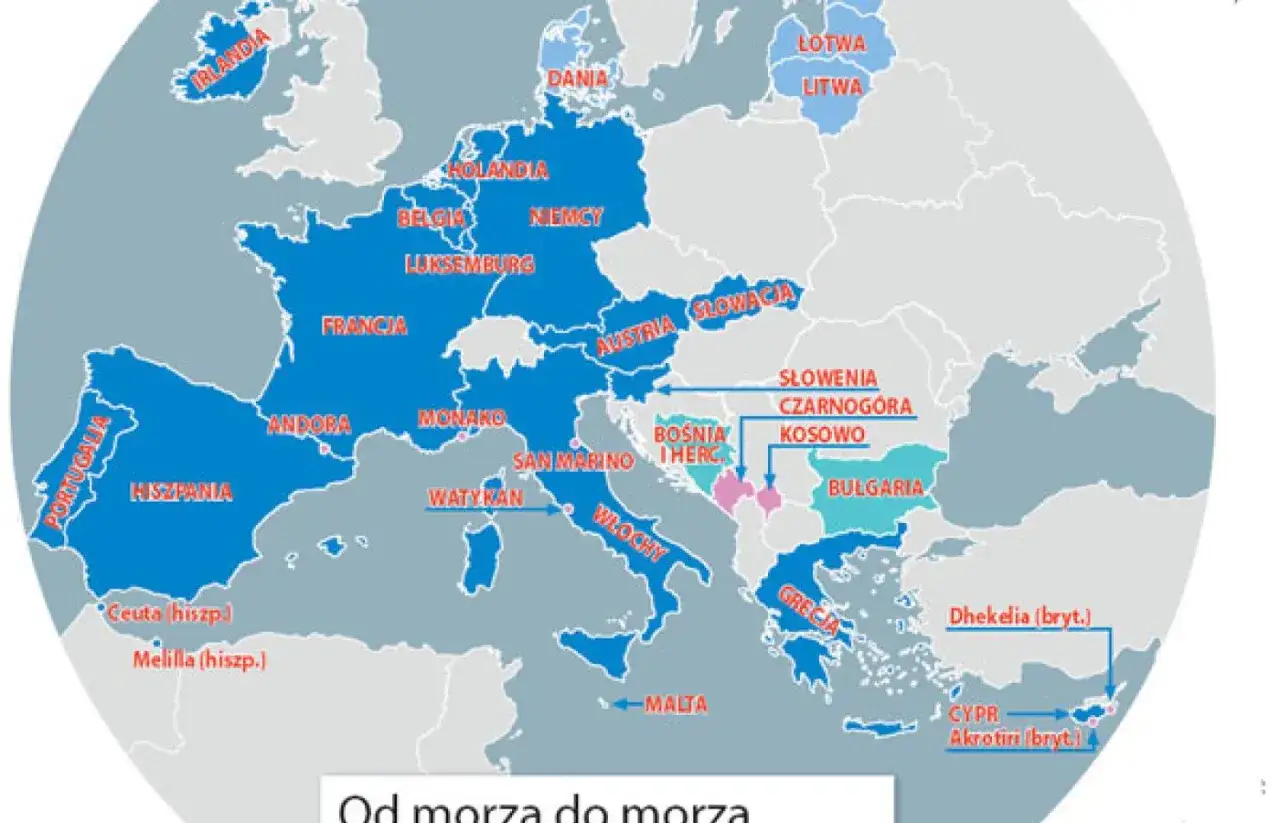 Mapa Europy z zaznaczonymi krajami, w których obowiązuje euro: Portugalia, Hiszpania, Francja, Niemcy, Włochy, Austria, Grecja i inne.